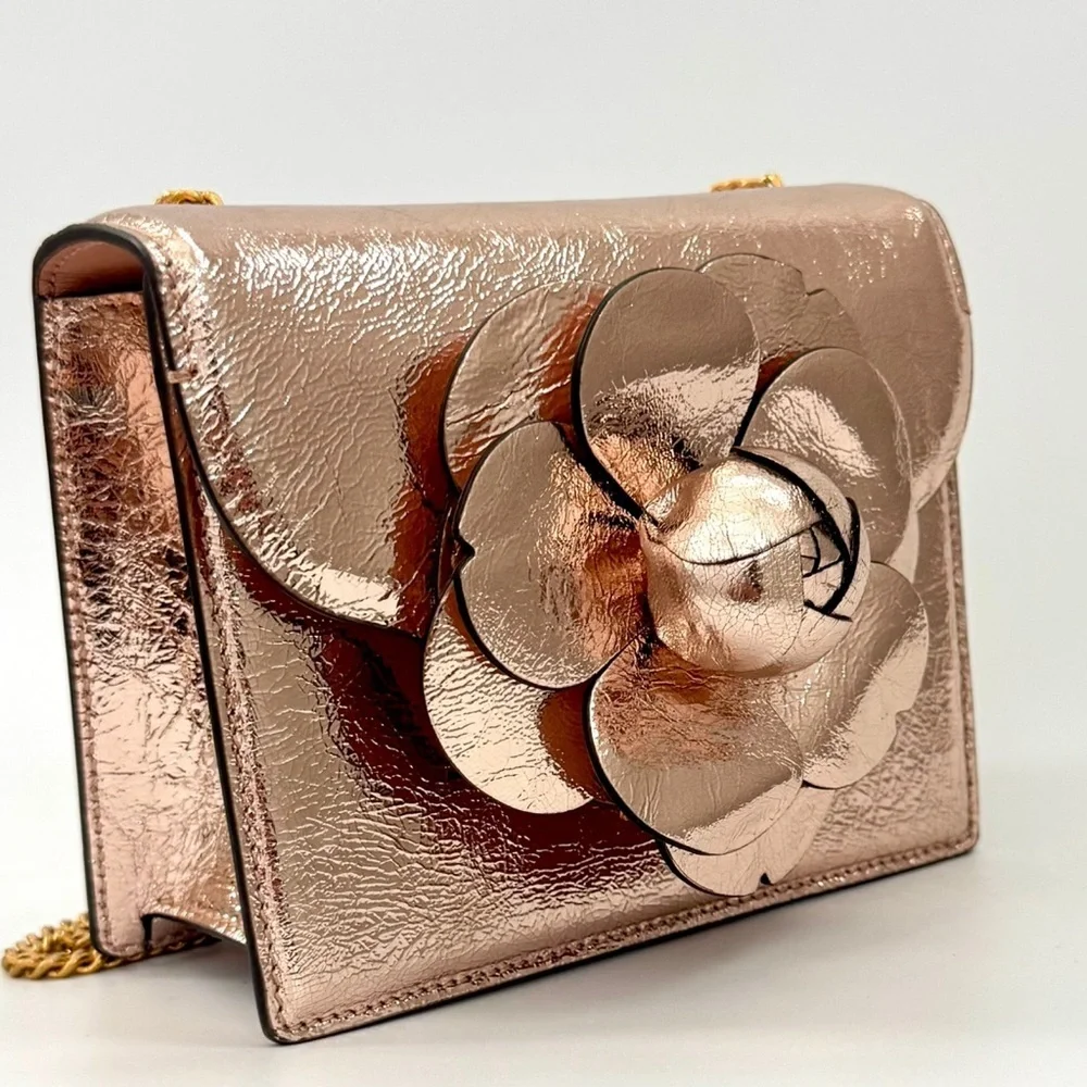 Oscar de la Renta Tro Rose Gold Metallic Crinkle Leather Mini Chain Shoulder Bag